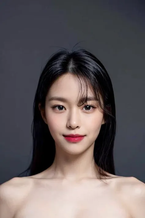 (masterpiece, top quality, best quality, (close-up photograph: 2), ((1girl)), fair skin, (((closed lips))), (extremely detailed face), looking straight, ultra-detailed eyes and pupils, ((bare pectorals)), ((bare chest)), bare head, nude dress, (((bare shoulders))), symmetrical frame, ((strapless)), (((smile))), ((symmetrical pose)), looking at viewer, (((looking at viewer))), ((symmetrical face: 1.6)), 35mm, simple grey background, ((studio lighting)), no watermark, ((black hair)), bangs, <lora:seolhyunlorashy:1>