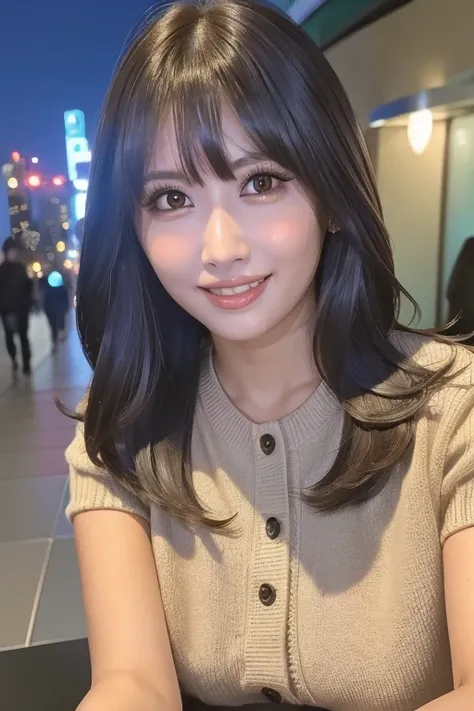 "1girl,photo of momo, brown hair,best quality,(detailed face:1.4), (looking at viewer:1.4), shiny skin, smile, city at night background ,(half body:1),low angle,<lora:momoTWICE_V12:0.7>