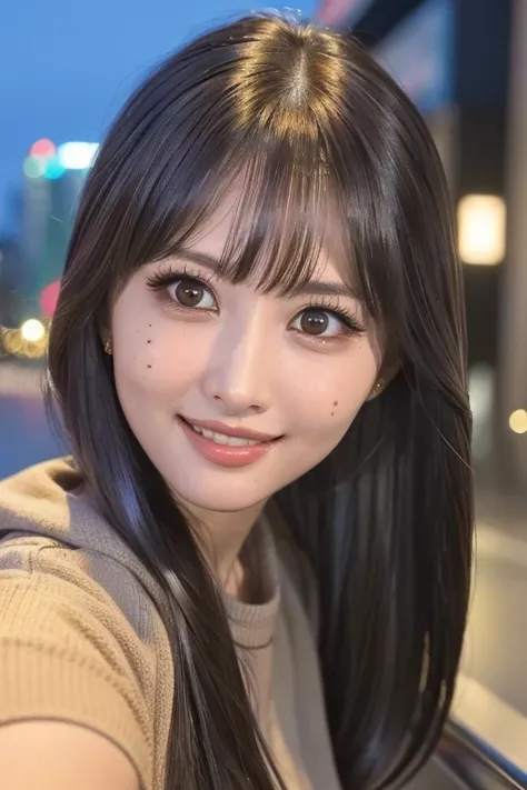 "1girl,photo of momo, brown hair,best quality,(detailed face:1.4), (looking at viewer:1.4), shiny skin, smile, city at night background ,(half body:1),low angle,<lora:momoTWICE_V12:0.7>