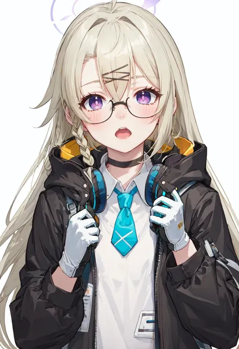 best quality, masterpiece, highres, solo, (kotama_bluearchive:1.10), blue necktie, 1girl, black jacket, white shirt, long sleeves, open jacket, collared shirt, looking at viewer, black gloves, simple background, single braid, choker, hooded jacket, blush, headphones around neck, white background, hood down, open mouth, under-rim eyewear, upper body, 4 <lora:kotama_bluearchive:0.80>
