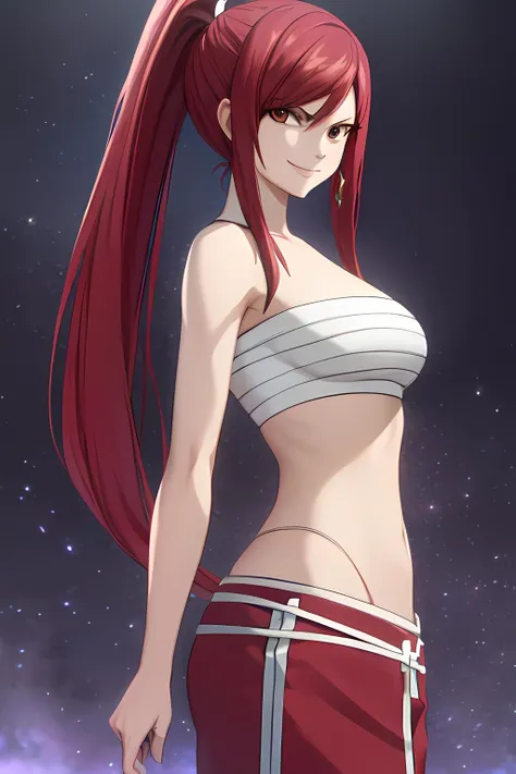 master part, high, high quality, detailed face, detailed body rendering, full body, 1girl, solo, nude, nude shoulders, Kushina Uzumaki, large breasts, dark lips, Standing, Blushes, glamour pose, smile, long hair, green eyes, hair clip, bracelet, space, moon and stars, nebula, galaxy