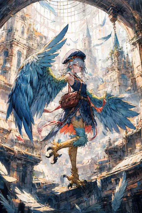 absurdres , highres, ultra detailed, (harpy 1girl:1.3),
BREAK,, winged arms, beautiful bird legs, gradient wings,
BREAK, fantasy feather dress, sleeveless, rainbow order, messenger bag, beret with feathers,
BREAK, medieval fantasy, medieval port city, on the rooftop,
BREAK, landing_wings, landing wings,
BREAK, <lora:add_detail:1>, <lora:GoodHands-beta2:1> ,<lora:harpy_v1:1>, <lora:landing_wings:1>