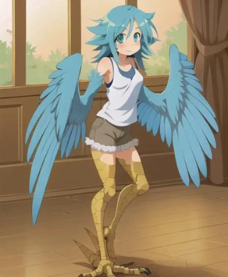 anime style, picture of a harpy girl, green eyes, anime eyes, long blue hair, <lora:harpy_v1:0.7>, in a mansion, large blue wings, bird legs, messy hair, wearing a tanktop, happy, outgoing, airhead, yellow legs, clean linework