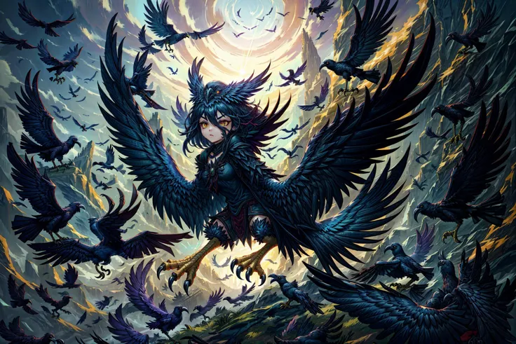 <lora:flat2:-1>, <lora:harpy:1>, harpy, bird wings, bird legs, bird tail, claws, <lora:Concept - Crowmancer:0.8>, crowmancer, crow, bird