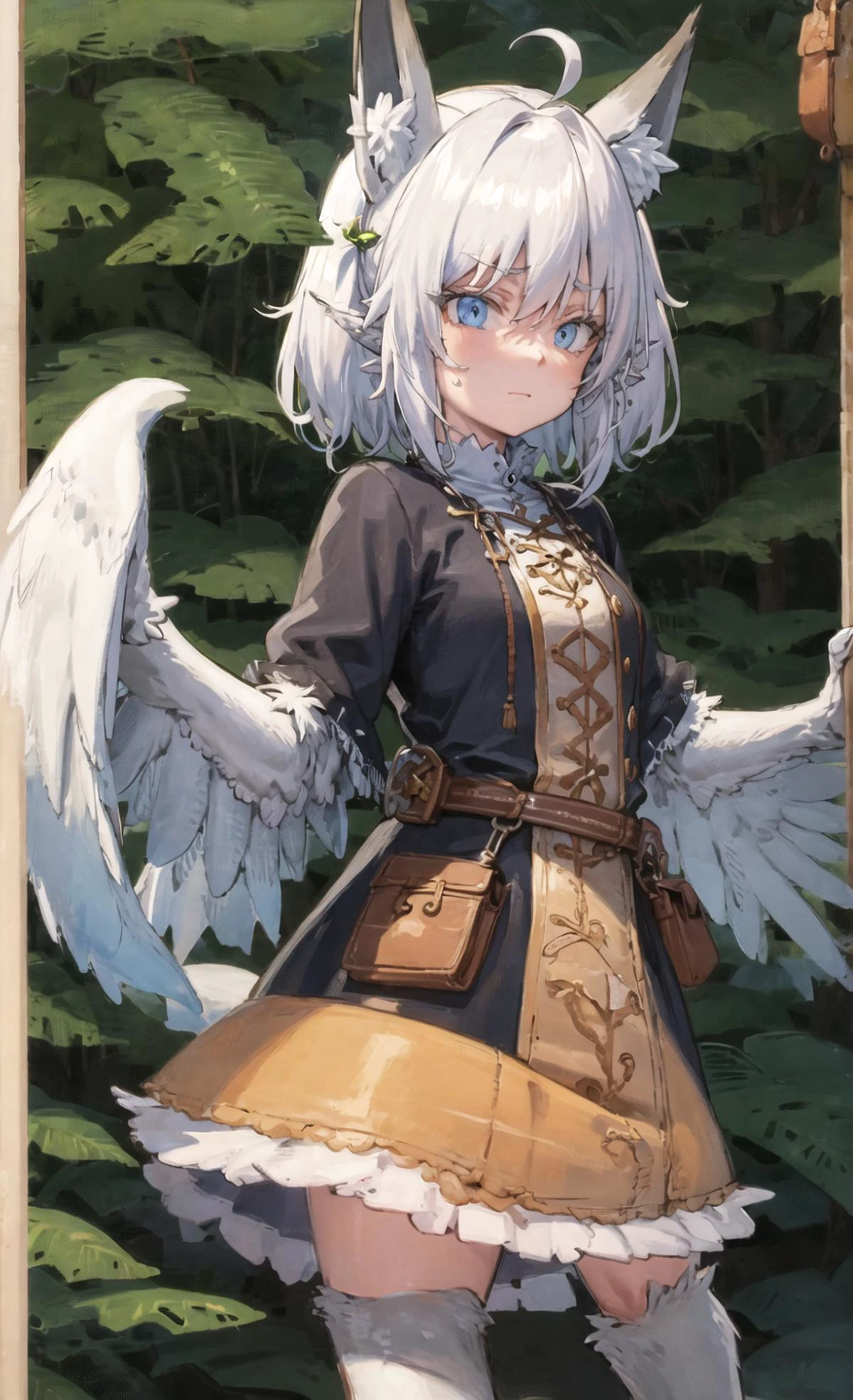 masterpiece, best quality,<lora:harpy_v1:1.0> harpy, standing, upper body, <lora:setsuna_v10:0.7> animal foot,fox girl,white hair,