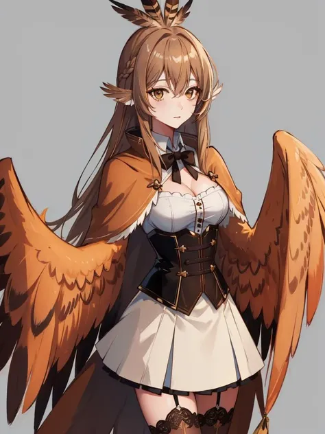 <lora:harpy:1>(harpy:1.2)<lora:hll-5-merged-lora:0.7>nanashi mumei, brown hair, long hair, brown eyes, feathers, high collar, cape, cleavage cutout, shirt, corset, skirt, masterpiece, best quality