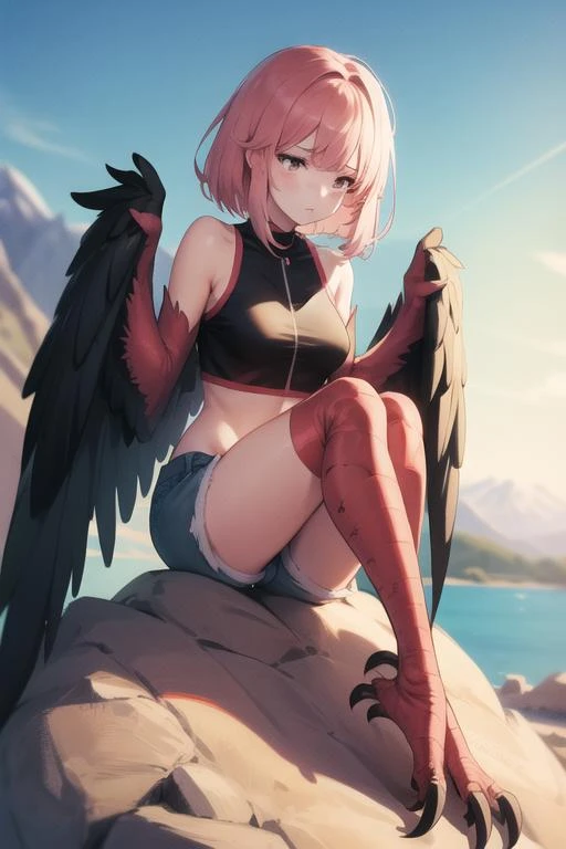 masterpiece, best quality, highres, soft lighting, best quality, hyper detailed
medium s, (mature, mature_femal, 1girl, toned,
pink hair, bobcut, black wings,
harpy, <lora:harpy:1>
crop top, very short shorts, sphagetti straps
outside, outdoor, mountains, sitting on a rock,
<lora:hugging_own_legs_v0.3:1> hugging own legs,