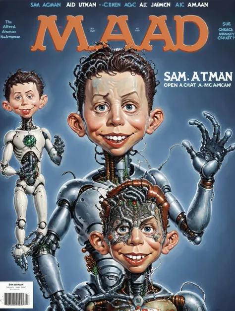 ohwx man as alfred e neuman cyborg, mad-magazine-cover, and the words "Sam Altman open AI chat gpt" along the top <lora:altman_lora_sdxl:0.5> <lora:last:0.8>