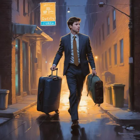 ((ohwx man)) businessman handing over a suitcase, detailed digital illustration by greg rutkowski, cyberpunk back alley, nighttime <lora:altman_lora_sdxl-000006:1>