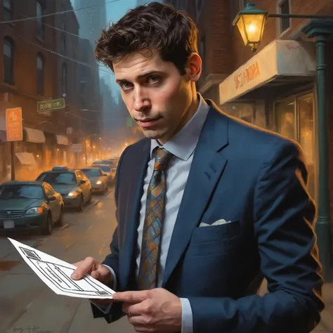 ((ohwx man)) businessman handing the viewer an envelope, detailed digital illustration by greg rutkowski, cyberpunk back alley, nighttime <lora:altman_lora_sdxl-000006:1>