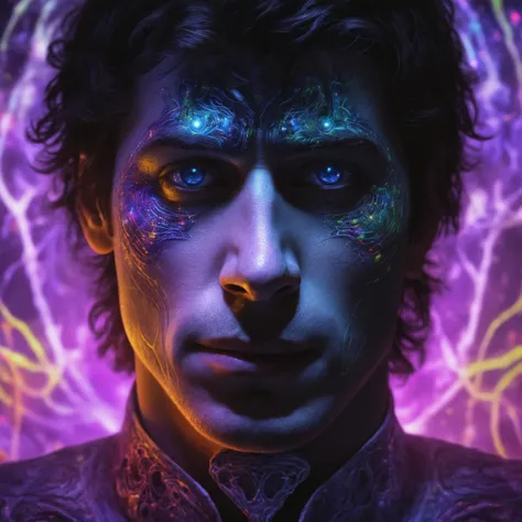 The psychedelic portrait render of ((ohwx man)) in the astral projection surrounded by psychedelic lights, closed eyes, satisfaction face, demon ghost hallucination, self projection, , bedroom, 8k hd, dream, Trippy, trending on cgsociety, trending on artstation, ultra wide angle, animation style, hyperrealism, 3 d render, hyper detailed, Gabriel Björk Stiernström, demon's souls, elden ring <lora:altman_lora_sdxl-000006:1>