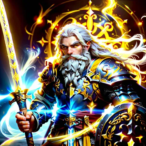 male focus, 1guy, solo, male dwowarf paladin, long white hair, long braided beard,holy magic, warm light, aura,  <lora:dwowarf:1>, glowing yellow eyes, holding a sword and shield,  <lora:DetailedEyes_V3:1> <lora:add-detail-xl:1> GlowingRunesAI_yellow,  <lora:MagicAI:0.7>