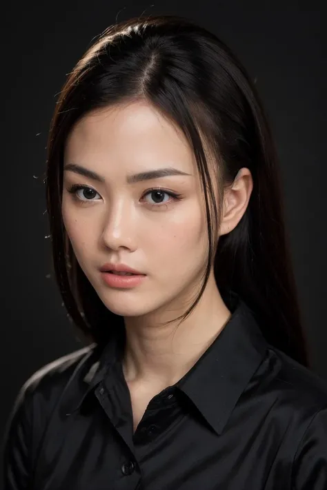 20 years old woman, (photorealistic:1.4, realistic), highly detailed CG unified 8K wallpapers, 1girl, (((thick body:0.8))), looking at viewer, (HQ skin:1.4), 8k uhd, dslr, soft lighting, high quality, film grain, Fujifilm XT3, ((upper body shot:1.2)), (((black silk collared shirt))), ((simple background, black background)),  <lora:nitagunawan-V1:0.7>