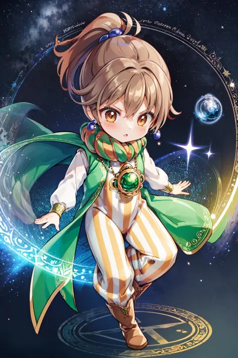 masterpiece,best quality,1girl,chibi,porom dsff4,hair bobbles,scarf,necklace,green cape,earrings,striped pants,vertical stripes,boots,(serious),standing,((casting spell,magic,magic circle,energy glowing)),starry sky,<lora:porom dsff4:0.9>,<lora:Concept-control tool-add_detail-CyberAIchemist:0.3>,