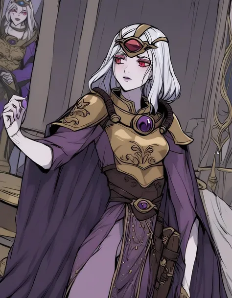 (Female drow elf chest covered very purple skin)(smile) pale golden hair and violet eyes. They prefer clothing of white and silver with cloaks of deep blue or purple, village background, huge knockers, ((very precise detailed)), ((high res)