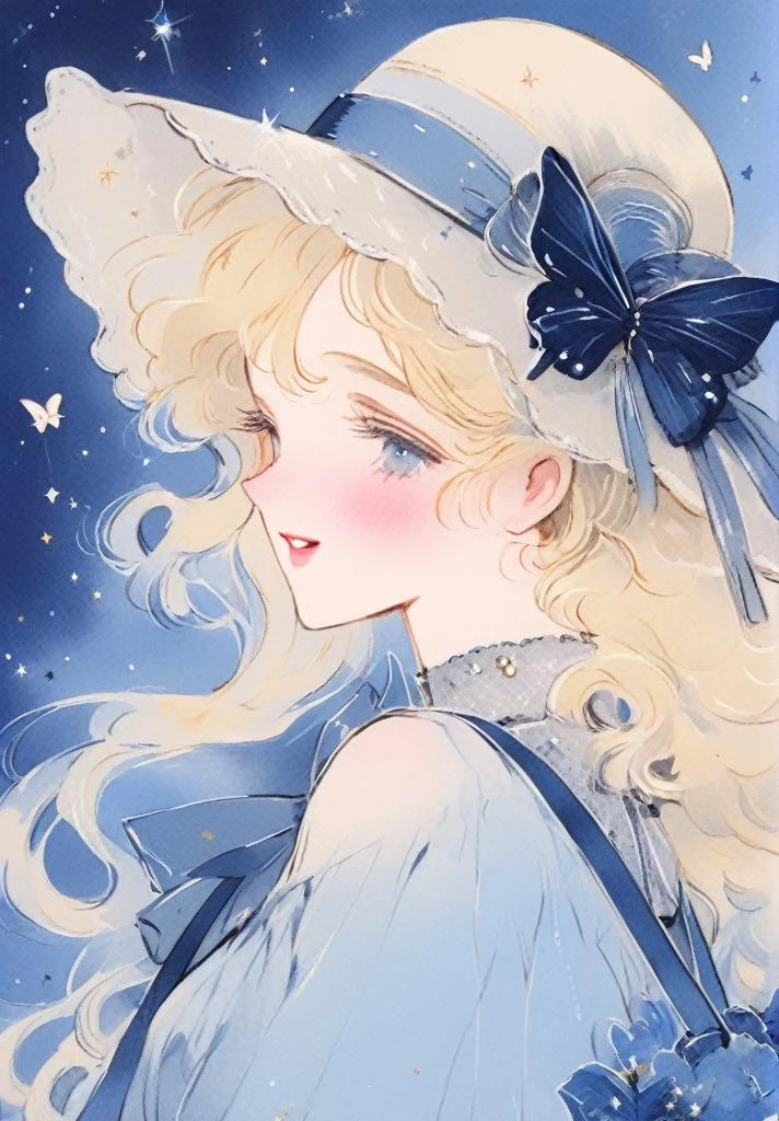 (masterpiece,best quality,ultra_detailed,highres,absurdres:1.2),1girl, _d, blonde_hair, blue_background, blue_butterfly, blue_headwear, blush, bow, breasts,butterfly, constellation, frills, grey_bow, handbag, hat, hat_ribbon, open_mouth
<lora:1990s-sdxl:1>