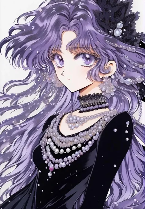 (masterpiece,best quality,ultra_detailed,highres,absurdres:1.2),black dress, full body of anime woman with psychedelic hair, glitching, missingno, pearls, simple background,
<lora:1990s-sdxl:1>