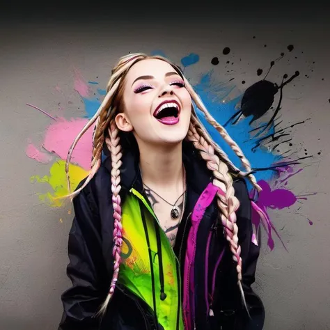 Ink illustration, a beautiful marisa coughlan painted on wall with light, full body, villainess, maniacally laughing with mouth open wide, wind, stunning beauty, soft light, colorful hair, punk, wearing a parka, bold line art, glowing lips, lips closed, light smile, natural style, braids, absurdly long hair flowing around, neon colors, detailled iris, , detailled eyes, ink stains, ink splatters, ink runs, ink spots, faded ink linquivera