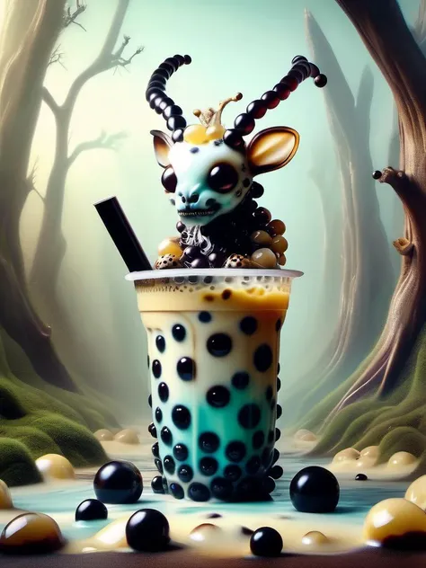 award winning photography of a cute bubble tea style wendigo with cannibalistic hunger in wonderland, magical, whimsical, fantasy art concept, steampunk, intricate details, best quality, masterpiece, ultra sharp, realism, hyper realistic <lora:bubble tea style_xl:1> , tapioca balls