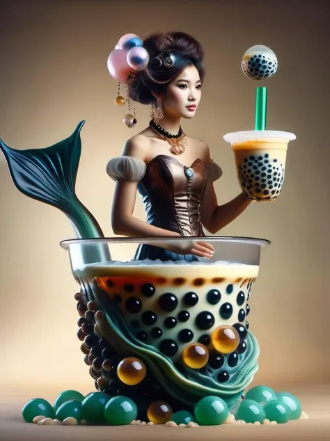 award winning photography of a cute bubble tea style mermaid with alluring song in wonderland, magical, whimsical, fantasy art concept, steampunk, intricate details, best quality, masterpiece, ultra sharp, realism, hyper realistic <lora:bubble tea style_xl:1> , tapioca balls