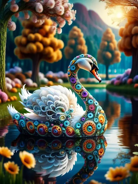 award winning photography of a cute swan with graceful elegance made of ral-mndlbrt in wonderland, magical, whimsical, fantasy art concept, steampunk, intricate details, best quality, masterpiece, ultra sharp, realism, hyper realistic <lora:ral-mndlbrt:0.8>