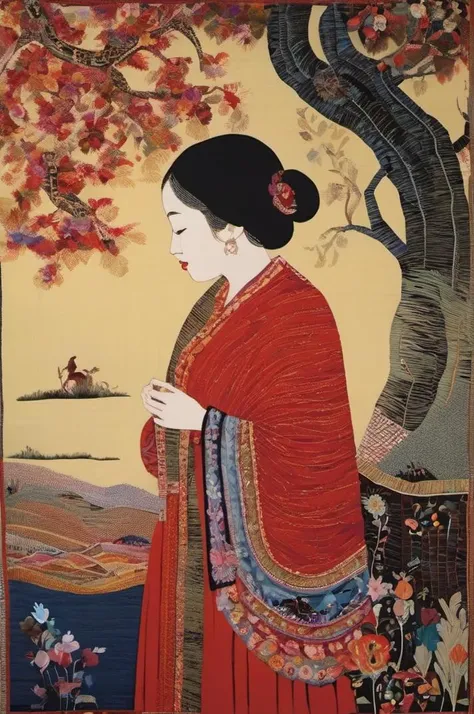girl in Living Tapestry: A landscape woven from living threads, depicting scenes of joy, sorrow, and the endless with many details,