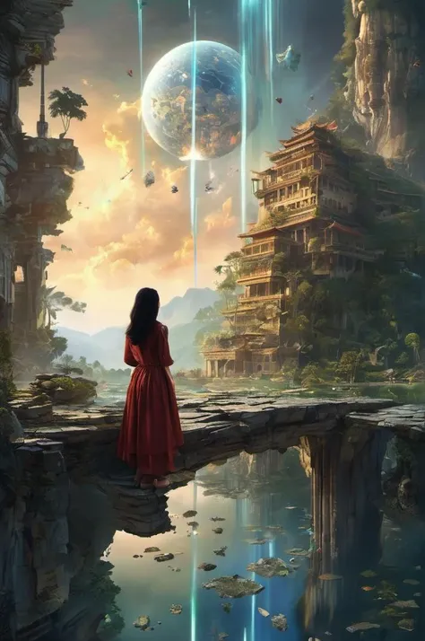 grand and complex fantasy scene of Malaysian girl in Fractured Reality: A landscape where the laws of physics are broken, where objects defy gravity and space folds in on itself. with many epic details,