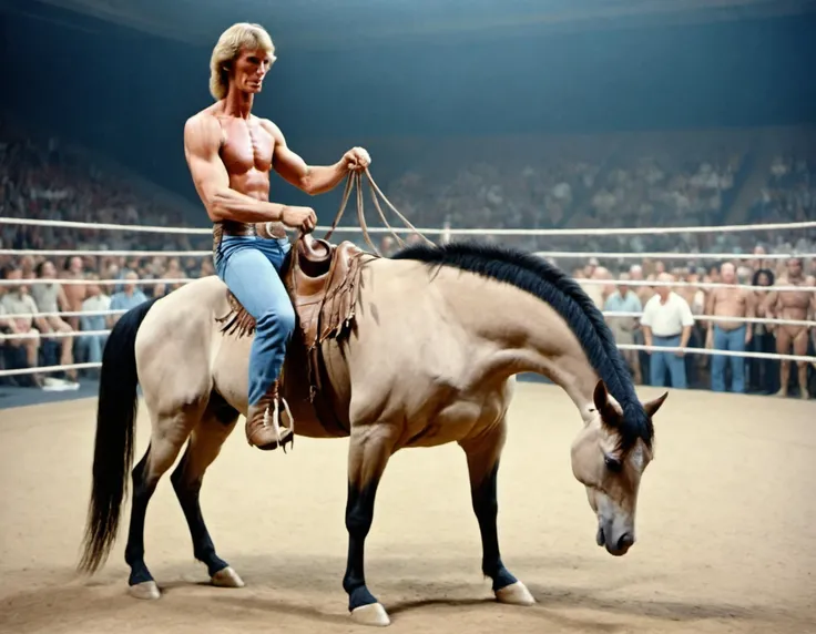 Kodachrome photo, (long neck:2) David Von Erich riding a (long neck:2) horse into the wrestling ring at the Dallas Sportatorium, cocaine <lora:Stretch_Neck:1.0>, analog