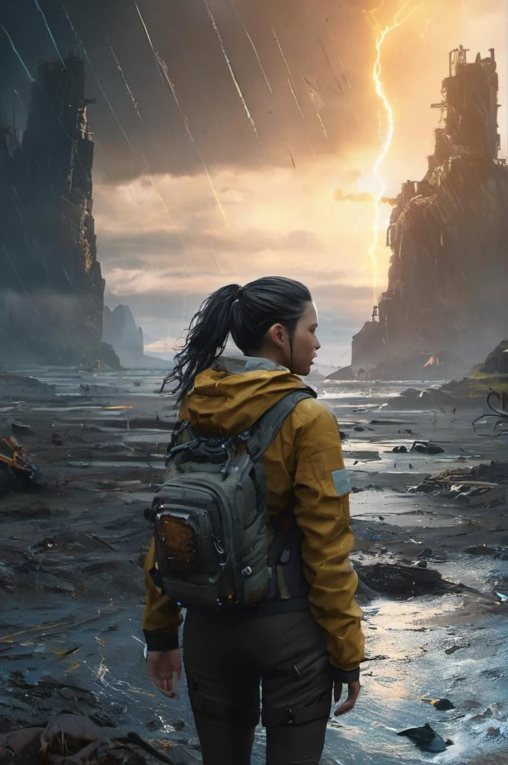 grand and complex fantasy scene of fierce girl in Death Stranding: Timefall Storm: A landscape ravaged by timefall, where rain ages objects rapidly and creates bizarre and dangerous phenomena. with many details