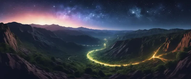 gorge , , a landscape where the strokes of nature's brush paint a portrait of endless amazement,            in the sky is stars and constellation and starfield ,               night sky, stars, galaxy,  
anime, cartoon, octane render, rossdraws global illumination and Split Lighting Fisheye Distortion , ,