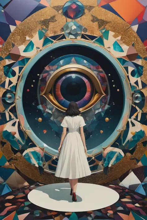 An eye-catching poster depicting an exquisite woman suspended in time, with her surroundings morphing into a kaleidoscope of colors as if seen through a shattered mirror. The artwork is inspired by the whimsical yet powerful style of Hayao Miyazaki and captures the essence of floating beauty amidst chaos.