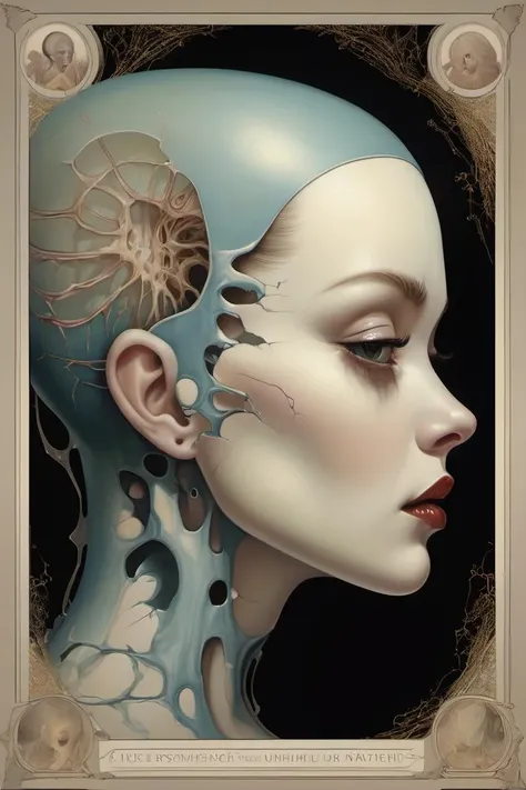 Pop surrealist poster, a striking portrayal of a woman with a haunting side profile, her face marred by glowing fractures that create an unsettling yet captivating effect, in the style of Mark Ryden's whimsical and macabre aesthetic.