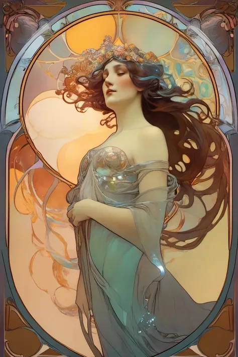 With the grace of a celestial being, a woman of unparalleled beauty drifts through an otherworldly realm of cascading sparks and iridescent hues, her presence captured with the whimsical flair of Alphonse Mucha.