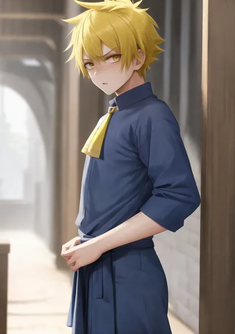 incredibly absurdres, best quality, 8k wallpaper, sharp focus, fine edges, depth of field, standing cowboy shot, looking at viewer, (teenage male character, 1boy, male focus, yellow hair, pixie cut), (worried:1.2), wearing chausses with no jewelry or neckwear, indoors, finely detailed background, amazing background