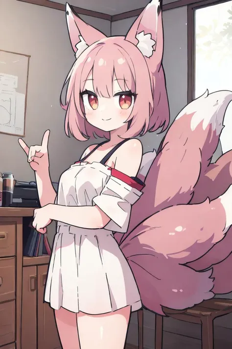 (masterpiece, best quality, ultra detailed), 1girl, solo, smile, kyuubi no kitsune, multiple tails, fox tail, <lora:kyuubi_no_kitsune-1.0-full:0.8>, fox shadow puppet, double fox shadow puppet, <lora:Saya-fox shadow puppet4:0.9>,