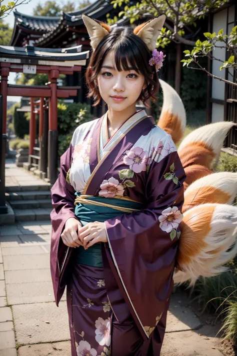 (realistic:1.3), finely detailed, quality, rembrandt lighting, (masterpiece:1.2), (photorealistic:1.2), (best quality), (detailed skin:1.3), (intricate details), dramatic, ray tracing, 1girl, japanese girl, 21 years old, detailed skin texture, (blush:0.5), (goosebumps:0.5), subsurface scattering, smiling, medium breasts, short hair curls, bangs, hair between eyes, kimono, japanese clothes, floral print, (kyuubi no kitsune), multiple tails, fox tail, cowboy shot, (bright sunny day, outdoors, torii gates, steps, trees), <lora:kyuubi_no_kitsune-1.0-full:1>