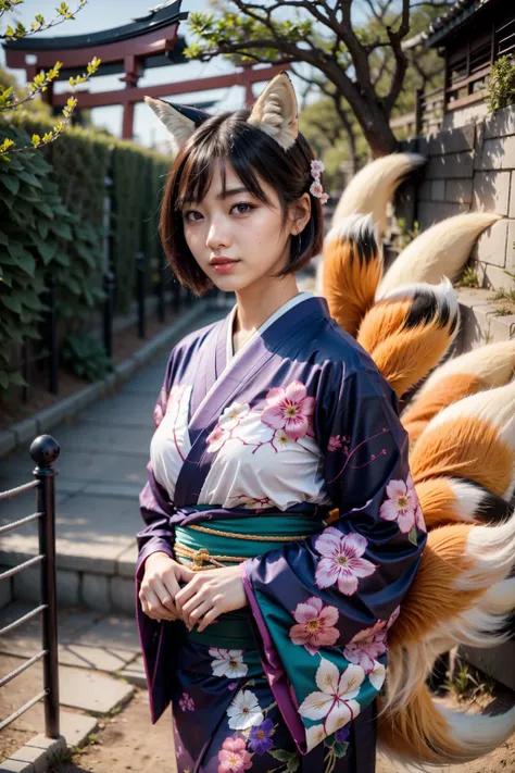 (realistic:1.3), finely detailed, quality, rembrandt lighting, (masterpiece:1.2), (photorealistic:1.2), (best quality), (detailed skin:1.3), (intricate details), dramatic, ray tracing, 1girl, japanese girl, 21 years old, detailed skin texture, (blush:0.5), (goosebumps:0.5), subsurface scattering, smiling, medium breasts, short hair, bangs, hair between eyes, kimono, japanese clothes, floral print, (kyuubi no kitsune), multiple tails, fox tail, cowboy shot, (bright sunny day, outdoors, torii gates, steps, trees),  <lora:kyuubi_no_kitsune-1.0-full:1>