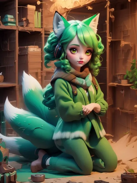 8k, solo beautiful (kyuubi no kitsune) 1girl, <lora:kyuubi_no_kitsune-1.0:1.4>,
(green hair Layered Cut),
(cashmere scarf)
(Pripyat),
jib shot,
kneeling,
suspicious