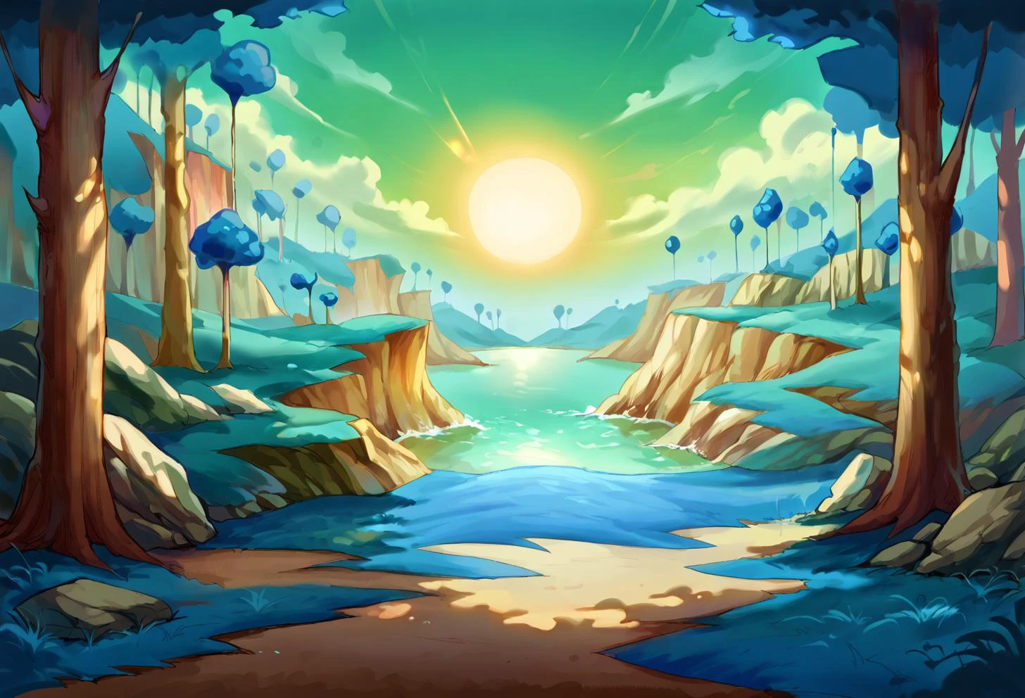 score_9, score_8_up, score_7_up, BREAK ict style, namek, blue grass, green sky, sun, green water, plateau, tree, scenery, no humans <lora:NamekPony:0.8>