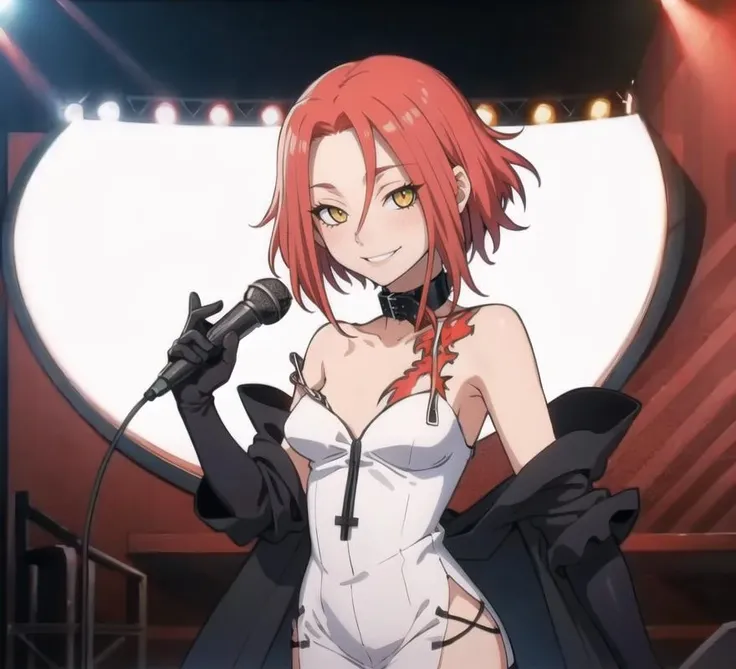 1girl, solo, looking at viewer, <lora:Haru:1>, harudesu, red hair, choker, white dress, tattoo, black thighhighs, gloves, holding microphone, smile, ((stage))