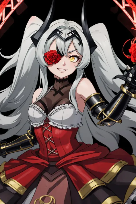 masterpiece, best quality, 1girl, solo, <lora:cyclopsprincess_lastorigin_v1:1> twintails, grey hair, very long hair, yellow eyes, cycpridef, red dress, frills, horns, flower over eye, one eye covered, red flower, glowing eye, evil smile, crazy eyes, gauntlets, magic, casting spell, magic circle, cowboy shot