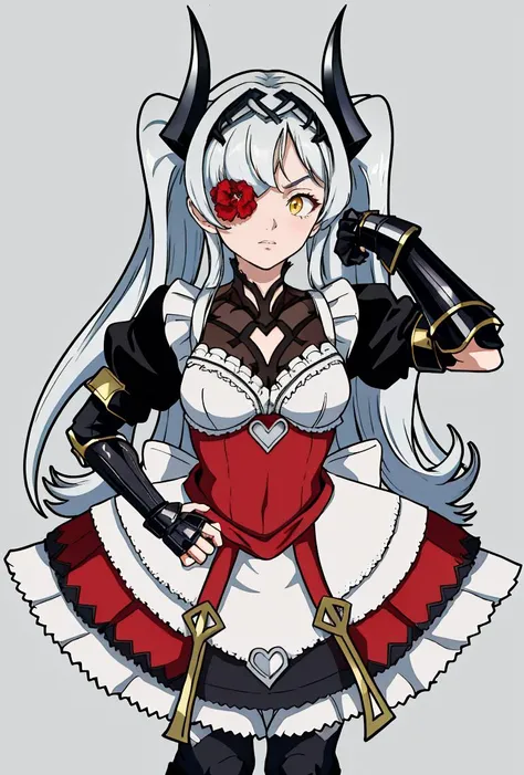 (masterpiece, best quality, absurdres), 1girl, solo, <lora:cyclopsprincess_lastorigin_v1-000014:1>,
cycpridef, horns, gauntlets, <lora:FEFatesMaid_v1:1>, fates maid,
1girl, solo, standing, twintails, grey hair, very long hair, yellow eyes, red dress, frills, horns, flower over eye, one eye covered, red flower,
