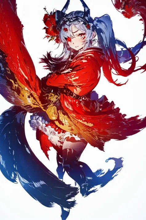 masterpiece:1.2, best quality, absurdres, <lora:cyclopsprincess_lastorigin_v1:0.8> twintails, , very long hair, , cycpridef, dress, frills, horns, flower over eye, one eye covered, red flower, white background, <lora:FF_LoRA:1.0>, fflogo, red gradient colors, swirling, side view, full body