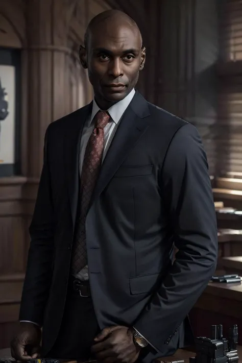 photo of LReddick, red suit, man, suit with red flower pattern, (masterpiece:1.2), best quality, high quality, (absurdres:1.2), realistic, UHD, ultrarealistic, 50mm <lora:LanceReddick_v2:1.0>, poster, gun holster, guns and pistols on wall and over the table, looking at viewer, johnwick, own hands clasped, in a dark room