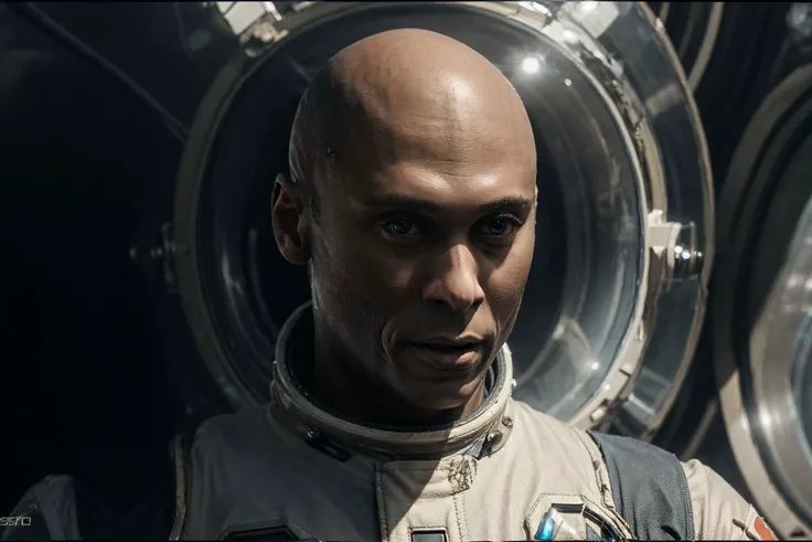 half body photo of LReddick in space suit in scifi scene, spaceship deck, <lora:LanceReddick-01:0.9>, action, man, dynamic pose, running, wearing white tuxedo, man, white suit, bald, (masterpiece:1.2), best quality, high quality, (absurdres:1.2), realistic, UHD, ultrarealistic, 50mm, <lora:add_detail:0.3> epiCRealism <lora:allymech:0.7>