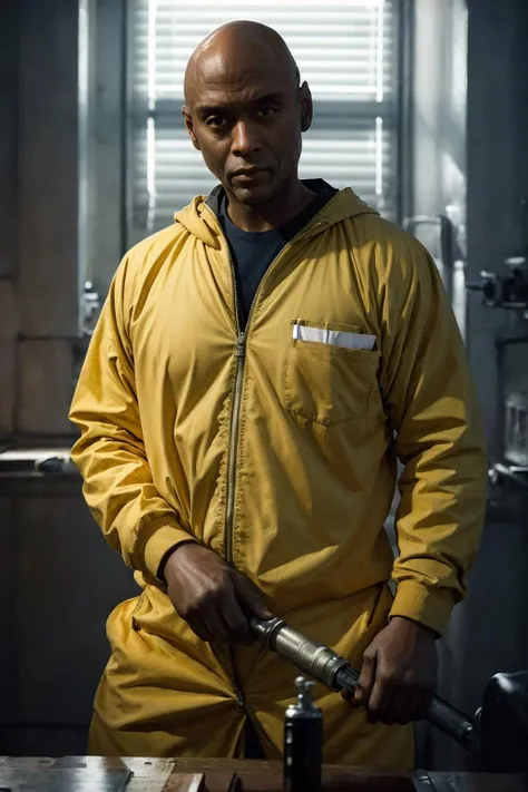 (masterpiece:1.2), half body photo of bald man LReddick in yellow (breaking bad) uniform in tvseries, prison, cinematic scene, <lora:LanceReddick-08:1.0>, best quality, high quality, (absurdres:1.2),( intricate details:1.2), realistic, UHD, ultrarealistic, sharp focus