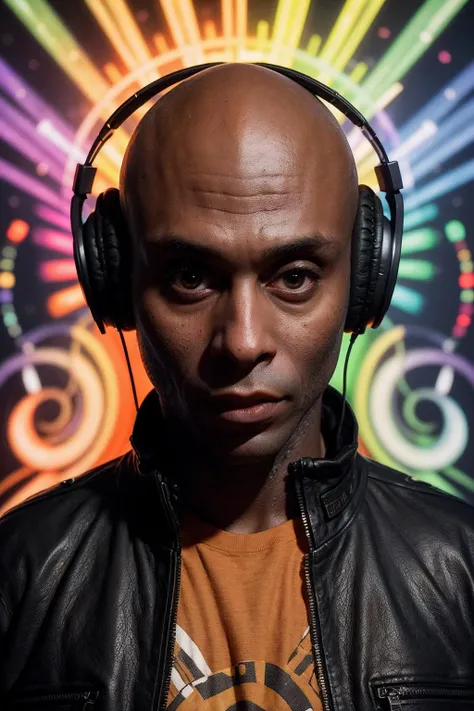 (masterpiece:1.2), head portrait photo of man LReddick in black leather jacket, orange tshirt, magical music notes flying, (psychedelic:1.3) <lora:LanceReddick_v2:1.0>, best quality, high quality, (absurdres:1.2),( intricate details:1.2), realistic, UHD, ultrarealistic, sharp focus, looking off to the side, wearing headphones,
