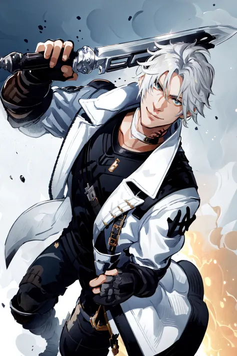 Thancred Waters, looking at viewer, smile, shirt, gloves, holding, jacket, weapon, choker, black gloves, belt, sword, fingerless gloves, holding weapon, black shirt, holding sword, white jacket, salute, over shoulder, weapon over shoulder, gunblade, two-finger salute, specular highlights,  <lora:Thancred:0.8>