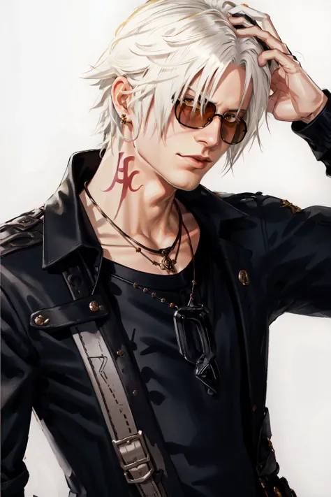Thancred Waters, looking at viewer, shirt, jewelry, closed mouth, jacket, yellow eyes, upper body, necklace, parted bangs, black shirt, sunglasses, eyewear on head,specular highlights, <lora:Thancred:0.8>