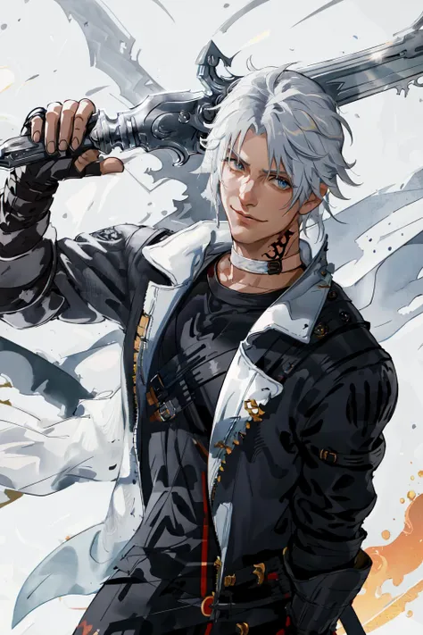 Thancred Waters, looking at viewer, smile, shirt, gloves, holding, jacket, weapon, choker, black gloves, belt, sword, fingerless gloves, holding weapon, black shirt, holding sword, white jacket, salute, over shoulder, weapon over shoulder, gunblade, two-finger salute, specular highlights, <lora:Thancred:0.8>